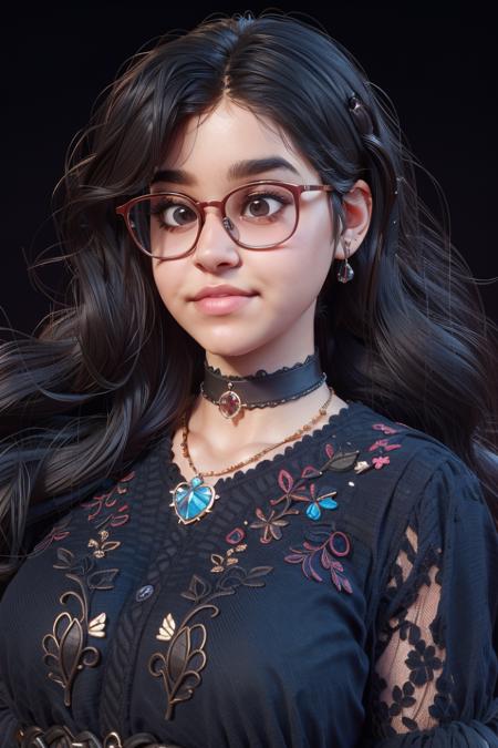 masterpiece, best quality,3d rending work ,3DMM style,close-up,portrait, 3D,1girl, solo, Black messy hair lok, wavy hair, necklace, brown face, (Olive skin:1.2), jewelry, looking to the camera, realistic, upper body, simple background, bangs, looking away, parted lips, black eyes, lips, gothic, choker, makeup, mole, black shirt, shirt, watermark, [Zainabtt with (glasses, chubby face ,tilted eyes:1.3)]  <lora:zainabtt:1.6>
<lora:3DMM_V12:1>