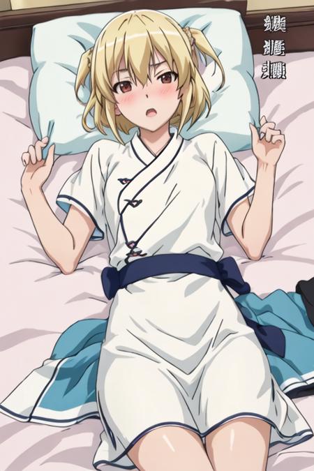 best quality, masterpiece, highres, solo, {otosuna_mihari_mangakasantoassistantsanto:1.15}, blonde_hair, short_hair, open_mouth, brown_eyes, red_eyes, 1girl, blush, closed_eyes, lying, pillow, on_back, under_covers, chinese_text