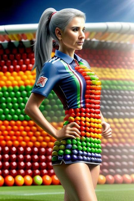 (Skittles:1.4), Taist the rainbow, skittles theme, Older mature female, 39 years old, long gray hair, high-ponytail, round face, closed up portrait,  anatomic correct bodies, lots of detail, soccer stadium, grass, center spot soccer field, standing, hands out of view, beautiful make-up, feminine, soccer shirt made of skittles, Romanian emblem, small vertical red and blue line, stretched decorations in the colors of the Romanian flag, uniform made of skittles.
