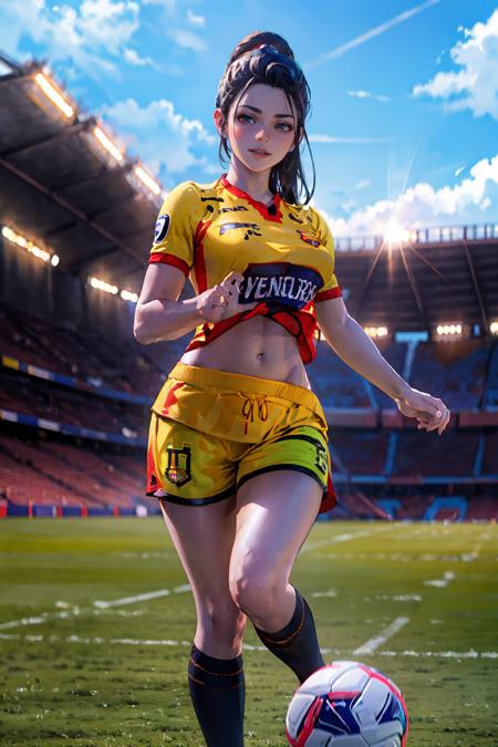 (extremely detailed CG unity 8k wallpaper), (best quality), (ultra-detailed), (best illustration), 1girl, detailed soccer stadium, outdoors, beautiful sunlight, soccer uniform, shorts, socks, soccer,  green field, (smiling), ((large breasts, wide waist)),   <lyco:barcelonaclub-10:0.8>, barcelonaclub,  <lora:widowmaker-lora-v1.5-128dim-20ep:0.6>, ponytail, purple skin.