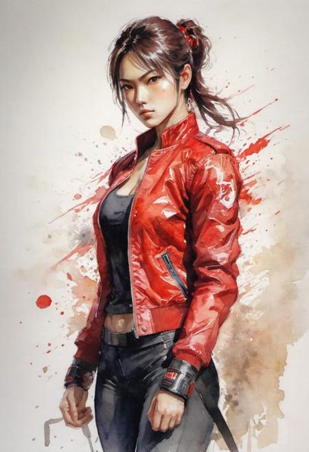 by Shotaro Ishinomori, wear red jacket, female fighter, (shiny, artstyle-watercolor but extremely beautiful:1.4), (intricate details, masterpiece, best quality:1.4) , in the style of nicola samori, 
street fighter style 2D art, Vibrant, dynamic, arcade, 2D fighting game, highly detailed, reminiscent of Street Fighter series,, looking at viewer