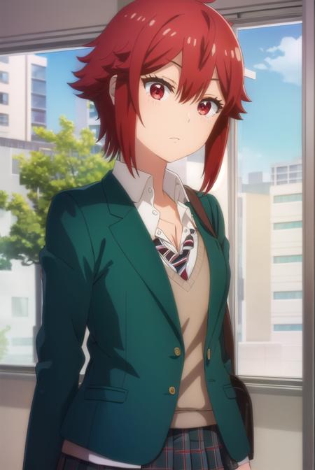 tomoaizawa, <lora:tomo aizawa s1-lora-nochekaiser:1>,
tomo aizawa, short hair, (red eyes:1.3), hair between eyes, red hair,
BREAK skirt, shirt, school uniform, jacket, white shirt, pleated skirt, necktie, striped, black skirt, blazer, red necktie, school bag, green jacket, striped necktie, (green blazer:1.5), bike shorts,
BREAK indoors, classroom,
BREAK looking at viewer, (cowboy shot:1.5),
BREAK <lyco:GoodHands-beta2:1>, (masterpiece:1.2), best quality, high resolution, unity 8k wallpaper, (illustration:0.8), (beautiful detailed eyes:1.6), extremely detailed face, perfect lighting, extremely detailed CG, (perfect hands, perfect anatomy),