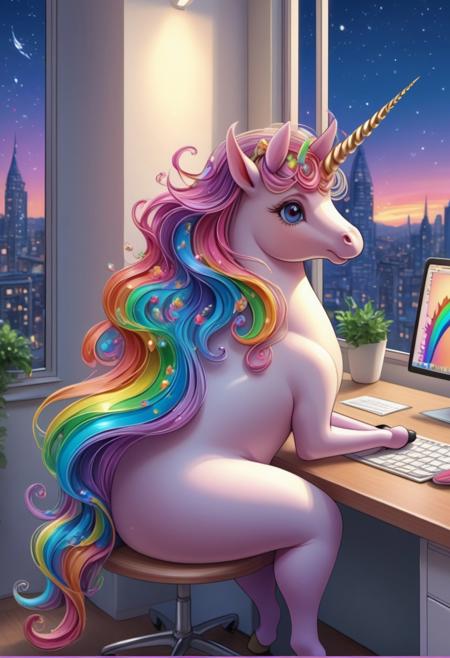 RainbowUnicornStyle, Stable_Yogis_PDXL_Positives, (unicorn:2), long hair, score_9,score_8_up,score_7_up,,8k, solo, office, window, night, fully dressed,  working, (sitting behind a desk:2). no humans, (colorful:1.5).