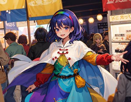 Tenkyuu Chimata, multicolored hairband, multicolored dress, zipper lines (clothes), cape, cloud print, brown bag belt, Where is that Bustling Marketplace Now, smiling
<lora:Tenkyuu_Chimata_v2.0:0.85>