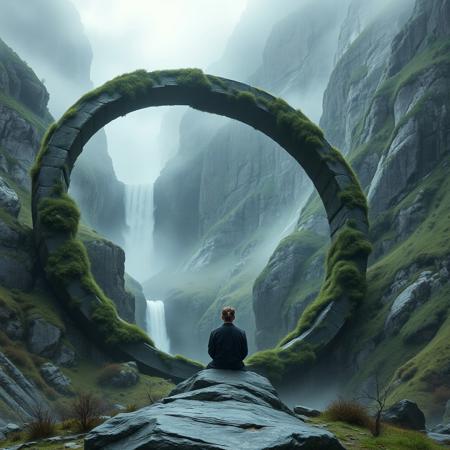 Surreal, fantasy-style image featuring a large, circular stone archway covered in patches of green moss and vegetation. The archway is set against a dramatic, misty mountain landscape with steep cliffs and a cascading waterfall in the background. In the foreground, a solitary figure dressed in dark clothing sits on a rock, facing away from the viewer, adding a sense of scale and contemplation to the scene. The overall color palette is muted with shades of green, gray, and white, creating a mystical and serene atmosphere.