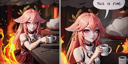 Highly detailed, High Quality, Masterpiece, beautiful, IncrsThisIsFineMeme, <lora:ThisIsFineMeme:1.2>, 1girl, fire, mug, yae miko, pink eyes, long hair, pink hair, animal ears, <lora:Char_GenshinImpact_YaeMiko:1>