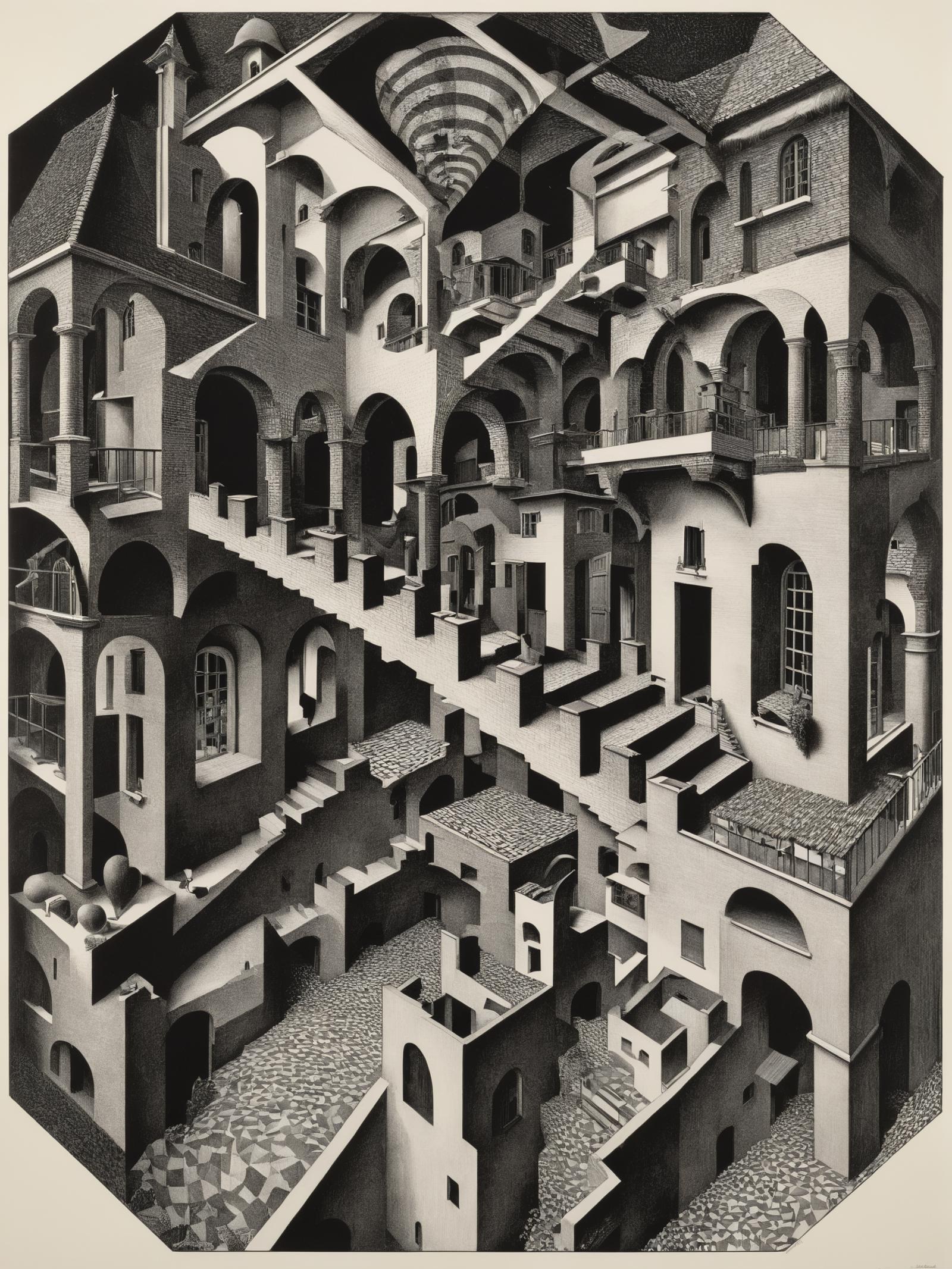 A black and white drawing of a maze-like stairwell

The image is a black and white drawing of a stairwell that features a series of stairs and hallways that form a maze-like structure. The stairs are in various positions, creating a sense of depth and complexity within the drawing. The stairwell is surrounded by tall buildings, which further enhances the visual appeal of the scene. The black and white color scheme adds a touch of elegance and timelessness to the image, making it an intriguing and thought-provoking piece of art
