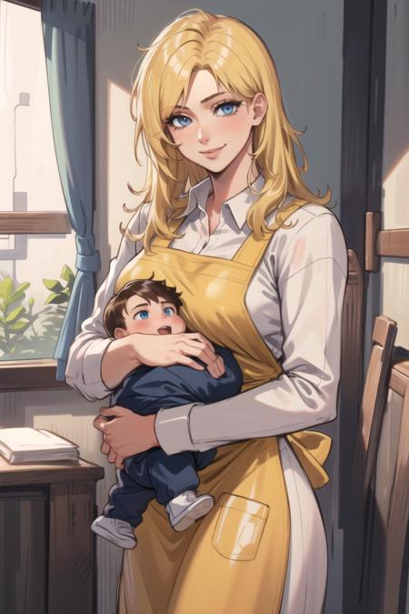 masterpiece, best quality, mgs3eva, platinum blonde, blue eyes, pink dress, smile, apron BREAK (holding baby boy with brown hair), home <lora:eva-nvwls-v1-000012:1.0>