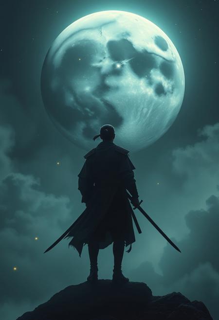 A lone samurai staring up at a shattered moon, the stars reflecting like fireflies on his sword
,
surreal atmospheric fantasy, misty vast landscapes, dreamlike realism, floating objects, lone mysterious figures, symbolic surrealism, poetic stillness, soft diffused lighting, intricate painterly textures, deep muted color palette, enigmatic surreal dreamscape