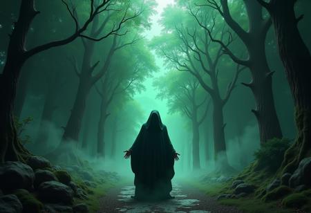 A universe inside a dark cloaked figure within mysterious landscape in an unfathomable realm of fantastic creation inhabited by ancient shadows of a forgotten time beyond the gate of the gateless gate where life is limitless, light is shadow and shadow is light, eerie sense, horror, spark of the beginning, existence and nonexistence at once, ethereal, outstretched arms, behold the end of the beginning, inglorious glory to the dark one, betrayal of the ancient order, beware the 7headed beast, destroyer of the old ways, bearer of the unbearable, nightmarish, archaic runes, tree aging backwards, breath of the gods, ruins of a place unimagined, extreme intricate detail, photorealistic, beyond epic scene, fate discarded, unseeable face of god, the end is the beginning, the beginning is the end, man arises as god dies, as above so below, as below so above, emerald tablet, thoth, guardian and saboteur of existence, hopeless hope, ghosts of the unborn, conception of the inconceivable, cosmic well of imperceptible perception, evil aura, infinite emptiness, pillars of void, overwhelming subtlety, abstract sacred geometry, beams of readiness without intention, gift of doom, despair of the ages, hidden secret warnings from dead gods