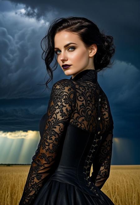 Photographic portrait of a gothic girl, DV_Manuela_Vicious, wearing black, dark dreams, black hair, alluring, seductive, radiant smile, storm clouds, whimsical charm, ethereal glow, freckles, tack sharp focus on eyes, one arm behind head Masterpiece, intricate lines, intriguing atmosphere, sharp magnificent details, delicate features, elaborate details, (2\3 rule composition:0.6), fFaceDetail, <lora:add-detail-xl:0.85>