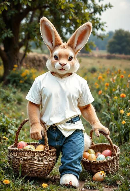 animanflux. Facing the viewer. Focus on front of t-shirt. A high-quality realistic photo of a cute and friendly-looking anthropomorphic Easter Bunny dressed in an untucked plain bright white, cotton, crewneck t-shirt untucked over a pair of indigo jeans. By its side, the bunny holds a wicker basket full of coloured eggs. Luscious green spring countryside in the background.