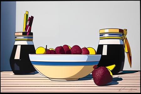 art by patrick nagel <lyco:diffusiondesign_Nagel_LoCon_1.13:1.0>, beautiful tablescape, focus on a ceramic jar, 1980s, featured on pixiv, best quality, ultra detailed, high quality, film grain, award winning, masterpiece, perfect composition, golden ration, bowl of fruit, 80s kitchen