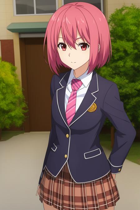 hisako, anime art style, 1girl, solo, short_hair, skirt, red_eyes, school_uniform, jacket, pink_hair, necktie, plaid, plaid_skirt, blazer