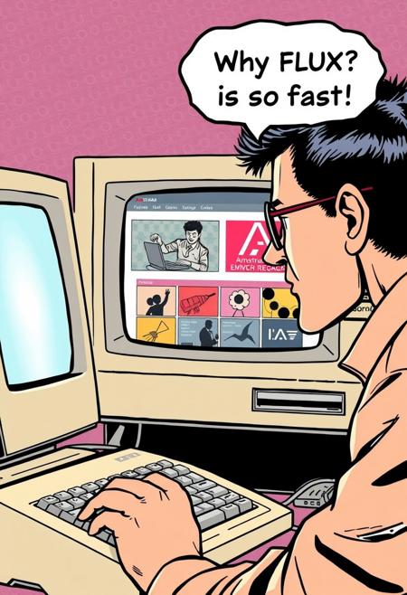 an old amstrad pc, screen display website with IA pictures,  80's computer man in glasses have hand on keyboard and looking a viewer and  is asking "Why FLUX is so fast here ?" in speech bubble, manga style