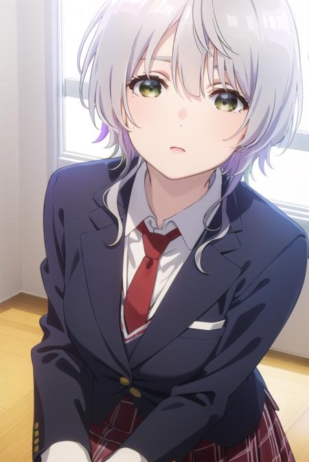 fuukakikuchi, <lora:fuuka kikuchi s1-lora-nochekaiser:1>,
fuuka kikuchi, short hair, bangs, hair between eyes, (green eyes:1.3), grey hair,
BREAK skirt, shirt, long sleeves, school uniform, jacket, white shirt, pleated skirt, necktie, collared shirt, plaid, plaid skirt, blazer, red necktie,
BREAK indoors, classroom,
BREAK looking at viewer,
BREAK <lyco:GoodHands-beta2:1>, (masterpiece:1.2), best quality, high resolution, unity 8k wallpaper, (illustration:0.8), (beautiful detailed eyes:1.6), extremely detailed face, perfect lighting, extremely detailed CG, (perfect hands, perfect anatomy),