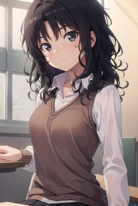 kaorutanamachi, <lora:kaorutanamachitest:1>, kaoru tanamachi, (black eyes:1.5), black hair, messy hair,
BREAK kibito high school uniform, school uniform, sweater vest,,
BREAK looking at viewer,
BREAK indoors, classroom,
BREAK <lora:GoodHands-vanilla:1>, (masterpiece:1.2), best quality, high resolution, unity 8k wallpaper, (illustration:0.8), (beautiful detailed eyes:1.6), extremely detailed face, perfect lighting, extremely detailed CG, (perfect hands, perfect anatomy),