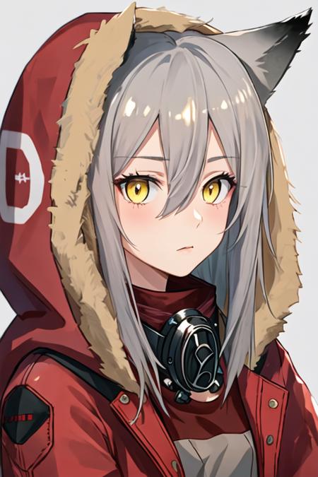 best quality, masterpiece, highres, solo, {projekt_red_arknights:1.15}, animal_ears, wolf_ears, grey_hair, hair_between_eyes, wolf_girl, yellow_eyes, bangs, long_hair, upper_body, 1girl, fur-trimmed_hood, fur_trim, hood, hooded_jacket, jacket, looking_at_viewer, portrait, red_jacket, simple_background, white_background