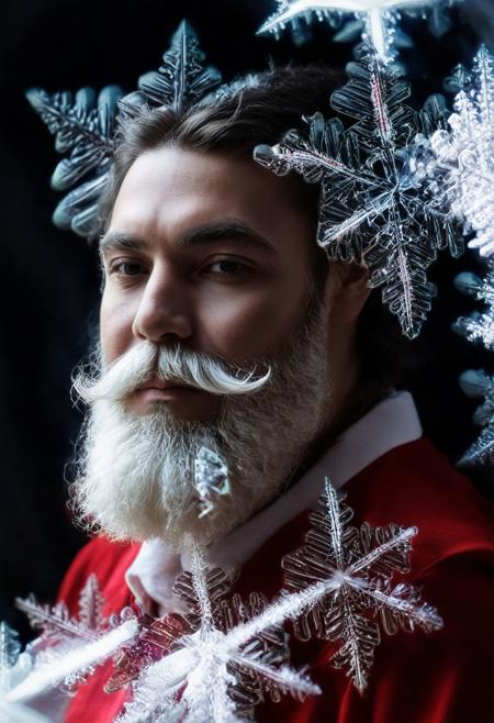 double exposure, blending, handsome male santa, close-up portrait, FRESHIDEAS Devil man,  <lora:coralbugXL:1>, snowflake.