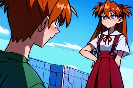 1girl, asuka langley soryu, blue eyes, hair between eyes, headgear, interface headset, orange hair,, red ribbon, school uniform, skirt, suspender skirt, suspenders, tokyo-3 middle school uniform, (long neck:1.2), (very angry, disappointed:1.1), PatheticTestEight, pathetic \(meme\, wide angle, patheticasukastyle, patheticsimpsonstyle, masterpiece, best quality