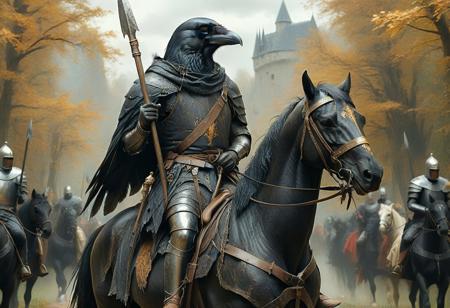 corvidfolk, riding a horse, a knight, holding a spear