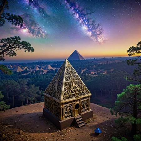 (stylized by Leanne Surfleet:1.1) , anime key visual, intricate background, landscape of a (Pyramids of Giza:1.3) from inside of a Birdhouse, it is very Cromulent and Old, crowded woods and Andromeda constellation in background, Bathed in shadows, Dynamic, Energetic, Steampunk Art, Direct light, L USM, Cold Colors, Gilded, rich color, Pixabay, 4K