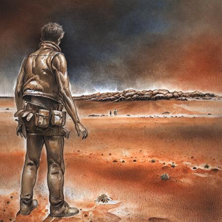 high quality, illustration by Serpieri, man, barren landscape <lora:Serpieri_for_SDXL:1>