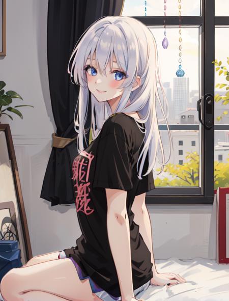 one girl, grey long hair, blue eyes, blush, smile, from side, (t-shirt:1.5), best quality, high resolution, (facing viewer:1.6), (anime:1.2), elaina \(majo no tabitabi\), <lora:Elaina_v6.5_e8_800_bf16_lora:0.9>