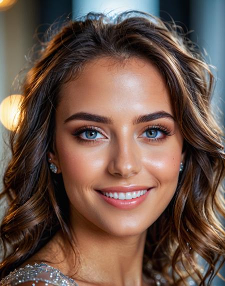 professional head shot, perfect eyes, highly detailed beautiful expressive eyes, detailed eyes, glamorous hair, perfection gorgeous smile, light makeup,  good atmosphere. large depth of field, deep depth of field, (8k, RAW photo, best quality, depth of field, ultra high res:1.2), intricate, photorealistic, masterpiece, ultra-detailed), crisp, vivid lighting