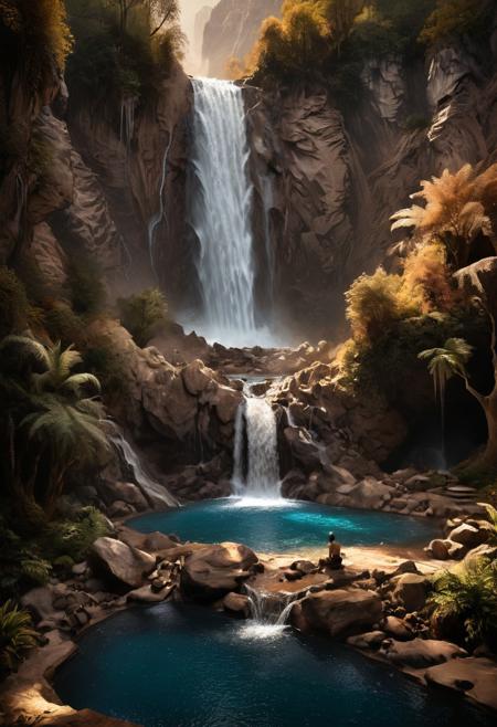 Natural earth tones. Contrasting chiaroscuro lighting. Waterfall, pool, rocks, trees, mountains, and a man in a mystical fantasy setting. Strong contrasts, deep shadows, browns, beiges, and muted colors.