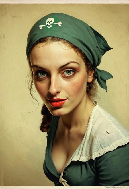 Facial expression style, illustration, ((clever pirate)) (Iranian:1.2) female (cute:1.4), (Gil Elvgren)