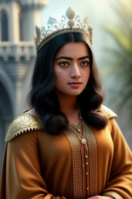 rashmika  <lora:rashmika_model:0.85> as a medieval princess stganding in front of a castle, princess robe, crown, masterpiece, best quality, highest quality, cinematic lighting, (volumetric lighting), extremely detailed CG unity 8k wallpaper, focused, 8k wallpaper, 4k wallpaper, extremely detailed, ultra realistic, photorealistic, sharp focus, absurdres, (HDR:1.2), (high contrast), photograph, detailed and intricate, instagram, portrait, highly detailed, digital painting, artstation, concept art, smooth, sharp focus, illustration, cinematic lighting, Style-Princess,