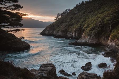 raw photo, a sunset landscape, Valdivian temperate forests coast, Chilean coast,  cliffs, cozy, photorealistic, high detailed texture, 8k uhd, dslr, soft lighting, high quality, film grain, Fujifilm XT3, Sony A7 IV, highly detailed photography, (muted colors, cinematic, dim colors, soothing tones:1.2), vibrant, insanely detailed, hyperdetailed, (dark shot:1.2), (vsco:0.3), (intricate details:0.9), (hdr, hyperdetailed:1.2) (highest coherency: 1.39) (highest quality: 1.39)