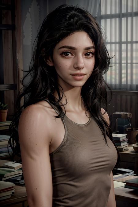 (masterpiece, best quality)
1girl, DinaTLOU2, solo, long hair, looking at viewer, smile, bare shoulders, upper body, black hair, brown eyes, parted lips, teeth, sleeveless, indoors, lips, tank top, portrait, realistic
<lora:epi_noiseoffset2:1>  <lora:add_detail:0.7>   <lora:DinaTLOU2:0.9>