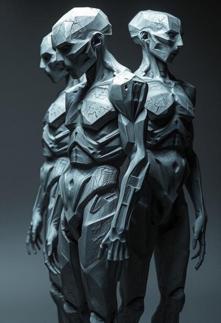 human bodies, raw, unrefined textures, harsh and angular geometric forms, abstract figures, distorted anatomy, minimalist design, sharp geometric shapes, jagged edges, primal and industrial aesthetic, concrete-like skin, exaggerated muscles, stark lighting, monochromatic tones, dystopian vibe, sculptural appearance, unsettling, high resolution, photorealism, (severe expression:1.3), (raw materials:1.4), (emphasis on geometric form:1.5), minimal details, (blurry:-1.2), (ugly:-1.3), (cartoonish:-1.1), (smooth surfaces:-1.4), (polished:-1.3), (low quality:-1.2), (overly ornate:-1.5), (disjointed anatomy:-1.3), (soft lighting:-1.2), (vibrant colors:-1.4), (noisy:-1.1), (bad composition:-1.3)