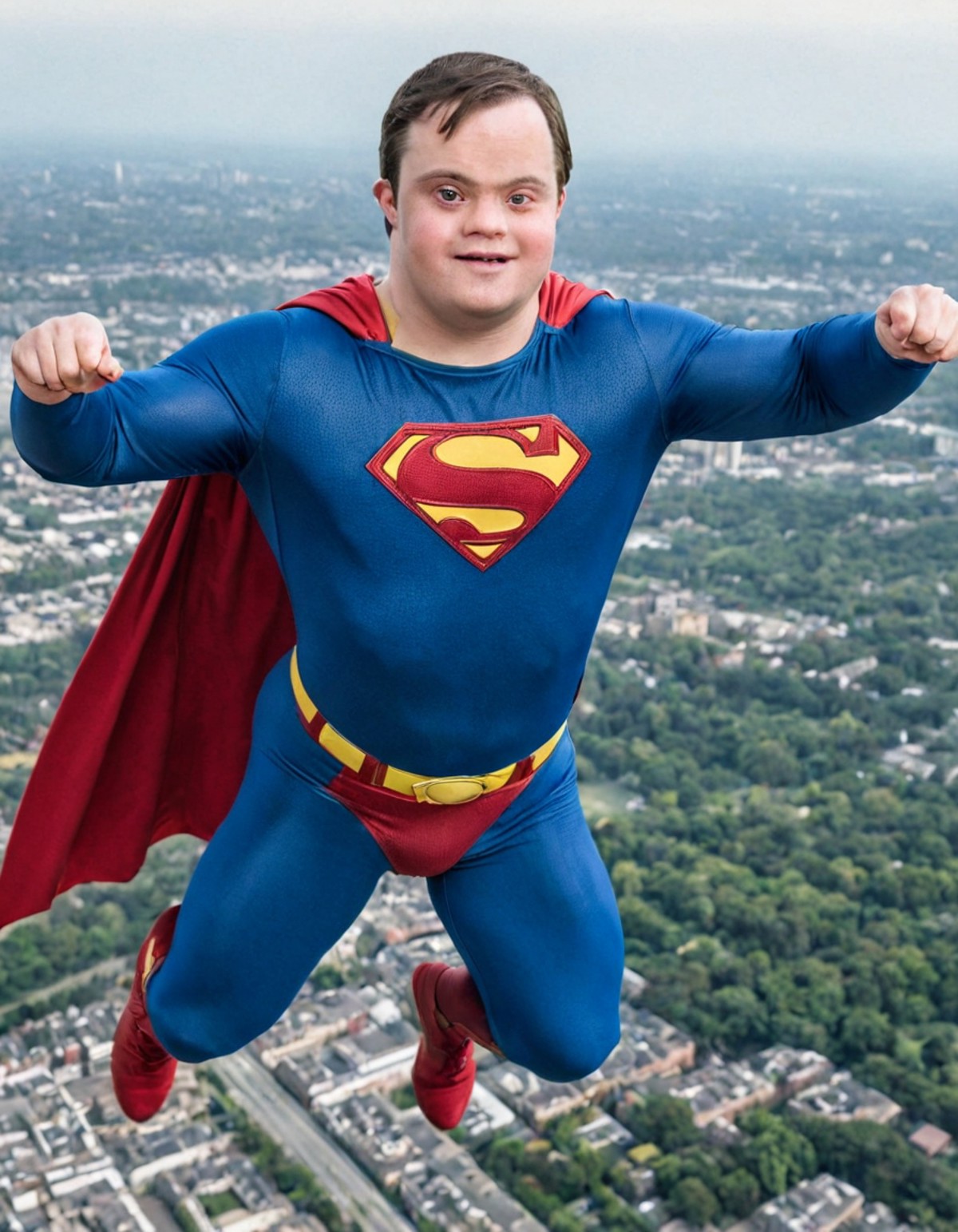 <lora:Chromosome+:1>, down syndrome, adult, superman flying,