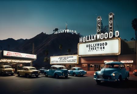 <lora:Mystery_Inc_BackgroundsXL:1> a hollywood movie theater at night with the HOLLYWOOD sign in the mountains in the background and cars parked in front of the building, surreal camera shot