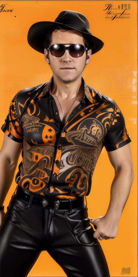 masterpiece, best quality,
 <lora:cincoidentitygenerator2_12500:0.95>  tayne, paul rudd wearing an black and orange patterned shirt, sunglasses, black hat, dancing in front of a white background, (flarhgunnstow:1.5), photograph, high resolution, detailed face