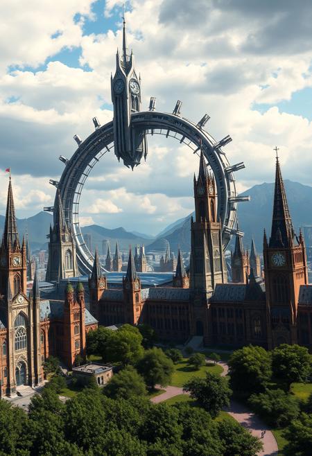 Image is a digital artwork depicting a futuristic cityscape with a massive, circular structure dominating the skyline. The style is highly detailed and realistic, showcasing intricate architectural designs. The circular building is metallic and appears to be a fusion of a traditional clock tower and a space station, with numerous spires and towers extending from its surface. Surrounding the central structure are other tall buildings with clock faces, reminiscent of Gothic architecture, featuring pointed arches and ornate detailing. The city is set against a backdrop of mountains under a partly cloudy sky, creating a dramatic and expansive scene. The foreground includes lush greenery and pathways, suggesting a blend of nature and advanced technology.