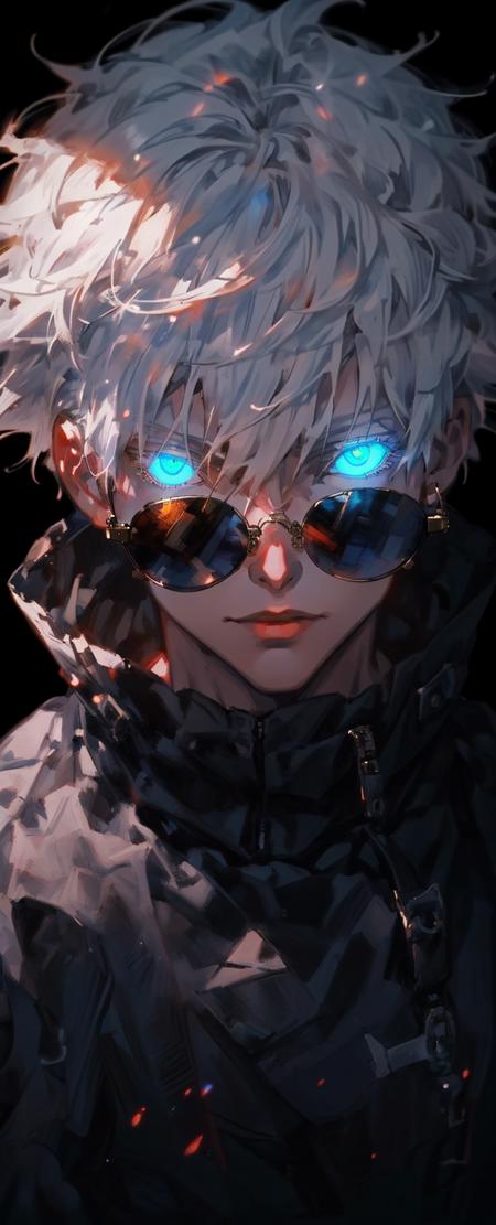 1 boy,rim light,looking_at_screen,masterpiece,best quality,soloGojo Satoru,highest detailed.sunglasses,Glowing eyes,white hair,<lora:20231203-1701608821323-0016:0.7>,