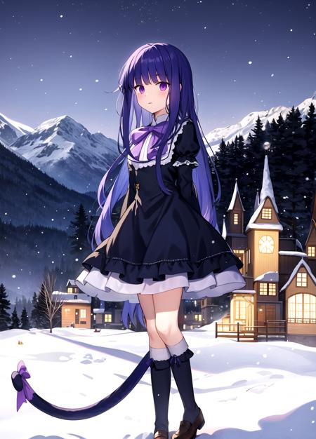 masterpiece, best quality, outdoors, snow field background,  night,  frederica bernkastel, snowy mountain,  hands behind your back, 1girl, tail, solo, purple eyes, dress, long hair, cat tail, blue hair, bow, socks, ribbon, kneehighs, frills, White background, <lora:Frederica Bernkastel anyloraCheckpoint8ep20r512512-000003:0.7>