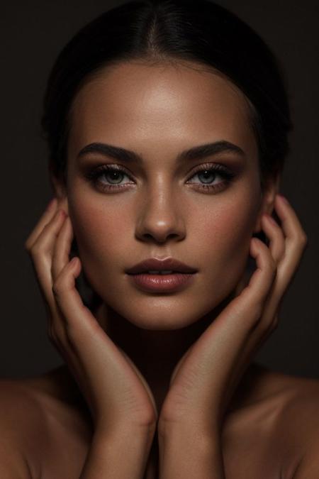 Beauty Photography, Focuses on well-lit, flawless skin and often used in beauty and cosmetics advertisements. shooting under dark condition with high iso, film, high key, hands down, mmxportrait