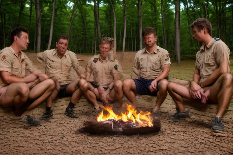 Circle of boyscouts making smores at campfire, unaware that their bushy flacid penises are hanging out of their short boyscout uniform shorts