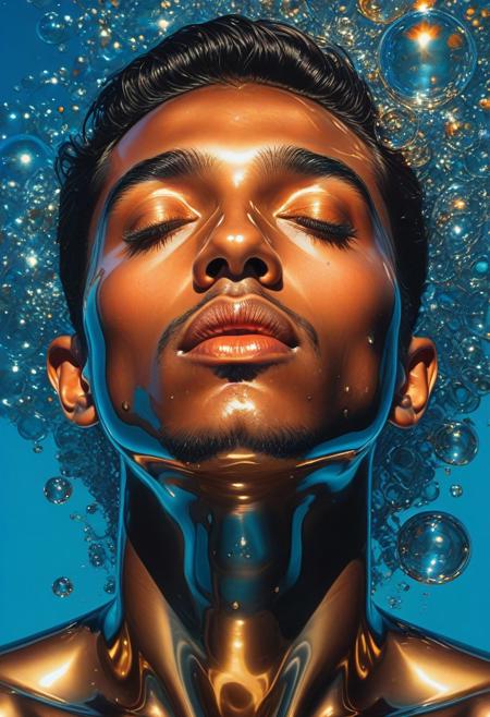 Smooth Quality, ArsMJStyle, Colored pencil hyperdetailed realism, close-up portrait of a man, medium complexion, with a serene, contemplative expression. His eyes are closed, and his, 
lips are slightly parted in a tranquil pose. The manas face and upper torso are depicted in a stylized, abstract manner, 
resembling a liquid metallic surface. Vibrant colors, including gold, orange, and various shades of blue, create a, 
dynamic interplay. Numerous reflective bubbles of various sizes and shapes encapsulate and adorn his features, reflecting, 
lights and colors that amplify the visual impact. The background is a deep teal blue, creating a stark contrast with, 
the vibrant colors of the subject. All textures focus on smooth, reflective surfaces and shimmering metallic effects., 
Camera angle is a close-up, focusing on the face with visible details. The style is modern, abstract, and ethereal, 
suggesting a liquid or metallic dreamlike quality. A sense of calm and tranquility permeates the image., 
Visual style references surrealism, abstract art, and liquid metal digital art, with a focus on a reflective and, 
polished aesthetic, <lora:clear:1>, <lora:FF.101.juggernautXL_version6Rundiffusion.LORA:1>, <lora:Hyperdetailed_Colored_Pencil:1>, <lora:SDXLDetailer:1>