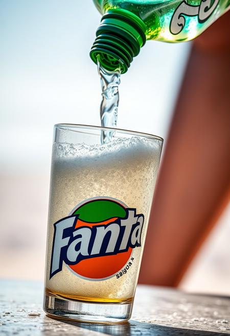 "A close-up shot of a Sprite bottle tilted as it pours its watery, fizzy liquid into a glass branded with the Fanta logo. The carbonated drink fizzes and bubbles up, with the foam rising to the rim of the glass. The contrast between the Sprite bottle and the Fanta glass creates a playful and slightly provocative image. The background is of a beach during summer, focusing attention on the glass and the interaction between the two iconic brands. The lighting highlights the glass, making the logos and the effervescent liquid stand out, creating a striking and visually engaging scene."