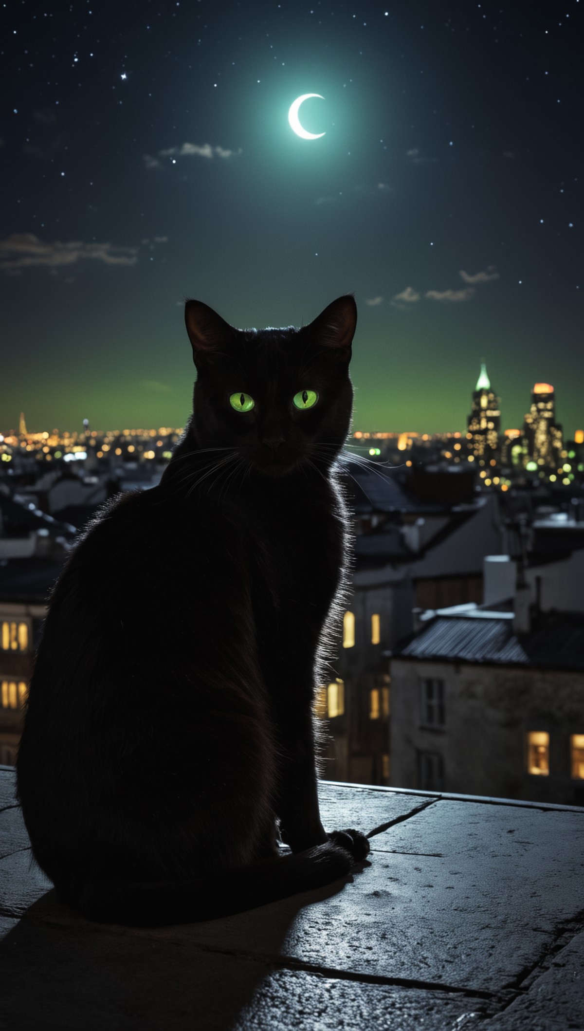 A (black cat:1.05) with bright green eyes sitting on a rooftop at night, under a full moon, surrounded by twinkling stars ...