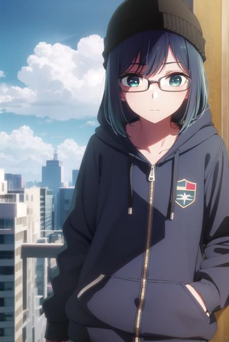 akanekurokawa, <lora:akane kurokawa s1-lora-nochekaiser:1>,
akane kurokawa, bangs, (green eyes:1.3), blue hair, medium hair, dark blue hair,
BREAK long sleeves, hat, jacket, glasses, hood, black jacket, black headwear, hoodie, hood down, red-framed eyewear, beanie,
BREAK outdoors, city, sun, sky, clouds,
BREAK looking at viewer, (cowboy shot:1.5),
BREAK <lyco:GoodHands-beta2:1>, (masterpiece:1.2), best quality, high resolution, unity 8k wallpaper, (illustration:0.8), (beautiful detailed eyes:1.6), extremely detailed face, perfect lighting, extremely detailed CG, (perfect hands, perfect anatomy),