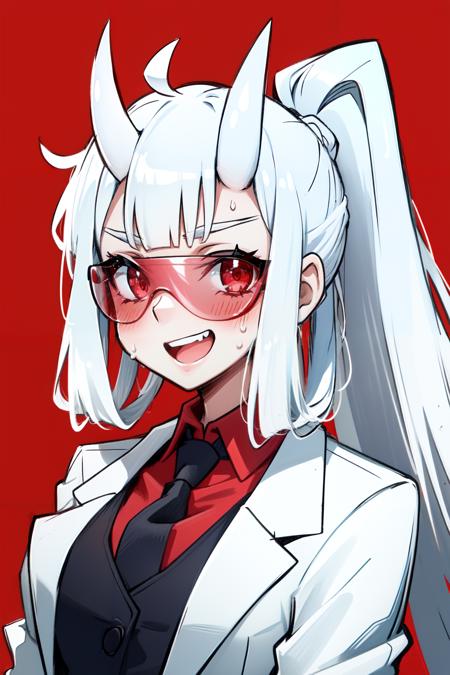 <lora:loremaster:1>loremaster(helltaker), formal, vest, mechanical arms, sweat, white hair, long hair, simple background, red-tinted eyewear, tinted eyewear, blush, black necktie, red shirt, necktie, looking at viewer, upper body, red eyes, horns, demon girl, goggles, smile, teeth, coat, prosthesis, demon horns, open mouth, shirt, 1girl, suit, collared shirt, red background, labcoat, solo, ponytail