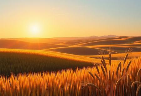 Warm golden hour sunlight casts a soft glow on rolling hills, where vibrant wheat fields stretch towards the horizon. Adolfo Fernandez Rodriguez's gentle illumination defines the terrain's contours. Crisp, textured wheat stalks stand tall, illuminated by Don Eddy's vivid brushstrokes. Doug Bloodworth's deep shadows add depth to the landscape, as the setting sun dips below the hills.