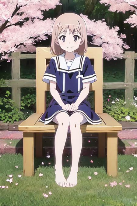 masterpiece,(high quality, best quality:1.2),(white_outline vector trace graphics:1.2), (megami_magazine:1.2), smile, (realistic_nose:-1), (anime colored, flat painting, game cg:1.2), sitting under cherry blossoms,